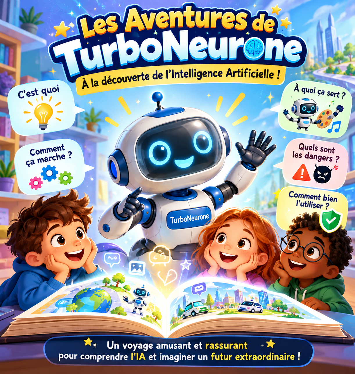 TurboNeurone et ses amis autour d’un livre ouvert